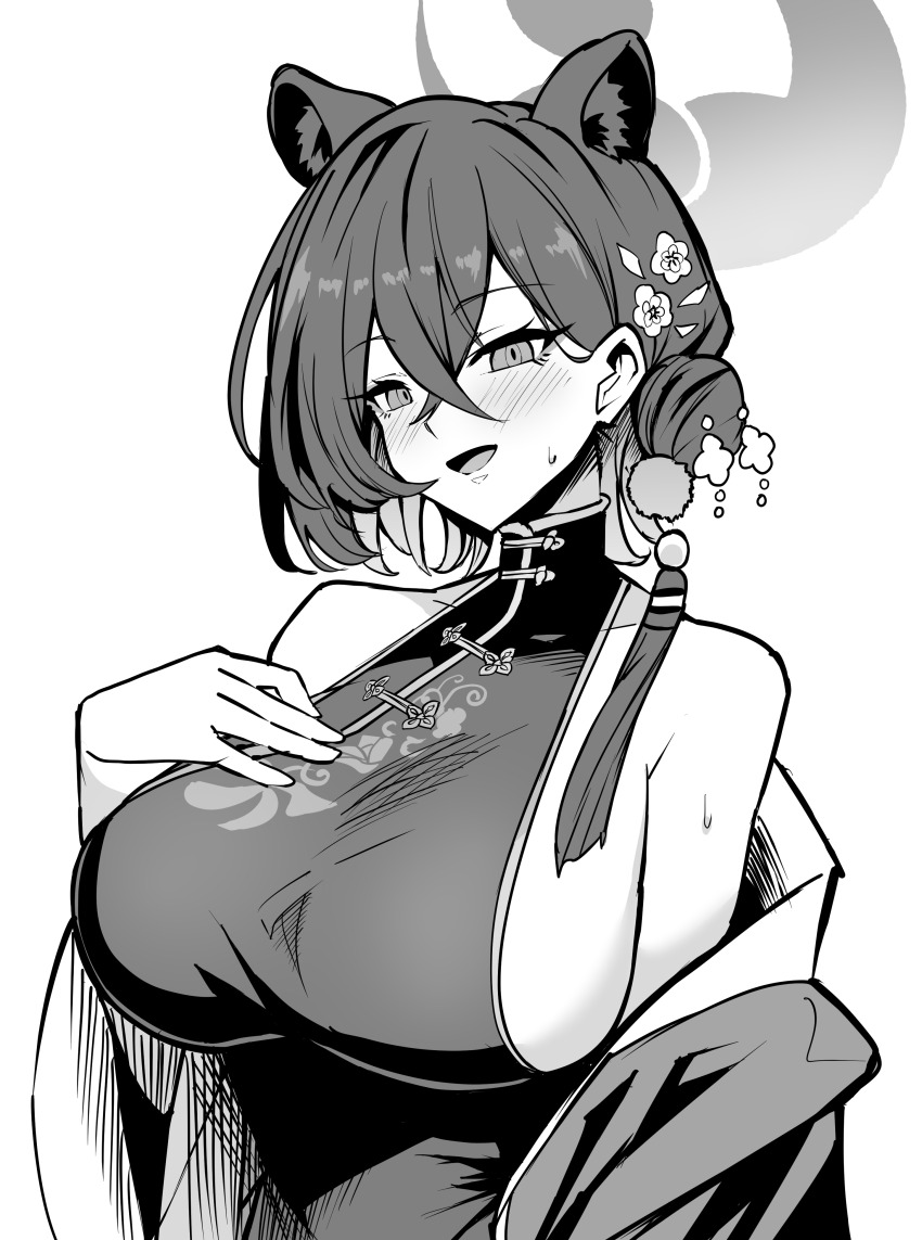 1girl absurdres animal_ears black_dress blue_archive blush china_dress chinese_clothes dress extra_ears hair_ornament halo hand_on_own_chest highres kaguya_(blue_archive) mandarin_collar open_mouth panther_ears sleeveless_turtleneck_dress solo sweat synchroman tassel tassel_hair_ornament