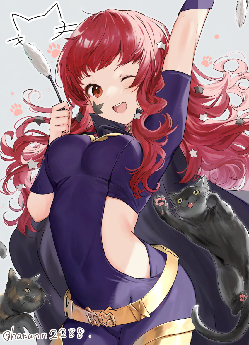 1girl absurdres belt black_cape bodysuit breasts cape cat cat_tail cattail choker clothing_cutout facial_mark fire_emblem fire_emblem_engage gold_belt hair_ornament haru_(nakajou-28) highres looking_at_viewer medium_breasts nintendo one_eye_closed open_mouth pink_choker plant purple_bodysuit red_eyes red_hair revision side_cutout solo star_(symbol) star_facial_mark star_hair_ornament tail yellow_belt yunaka_(fire_emblem)