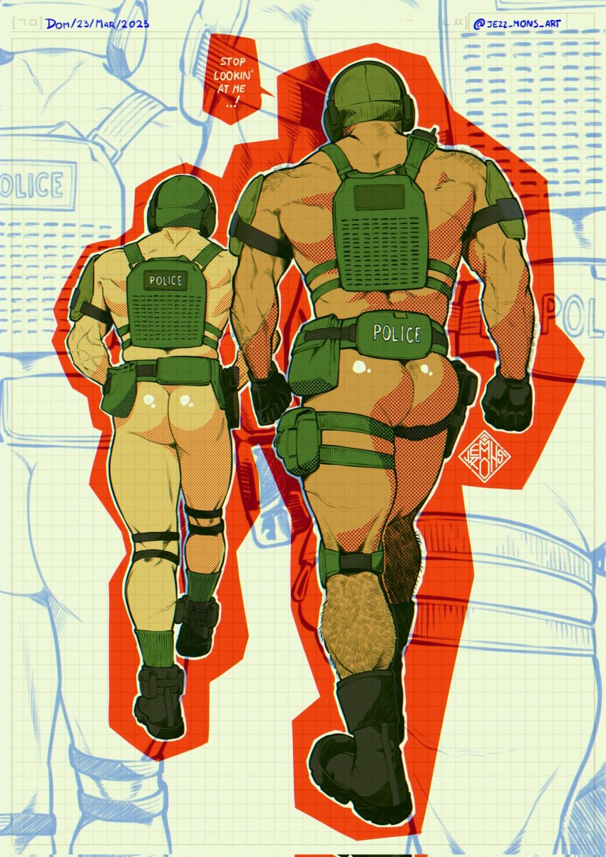 2boys arm_hair ass back bara beanie ben-day_dots black_boots black_gloves boots bottomless broad_shoulders check_copyright copyright_request covered_face dated english_text from_behind gloves green_hat green_socks hat headphones_over_headwear highres holster jezz_mons_art knee_pads leg_hair male_focus multiple_boys muscular muscular_male original police police_uniform policeman screentones shiny_skin shoulder_hair shoulder_pads signature single_knee_pad socks thick_thighs thigh_holster thighs topless_male twitter_username waist_bag walking