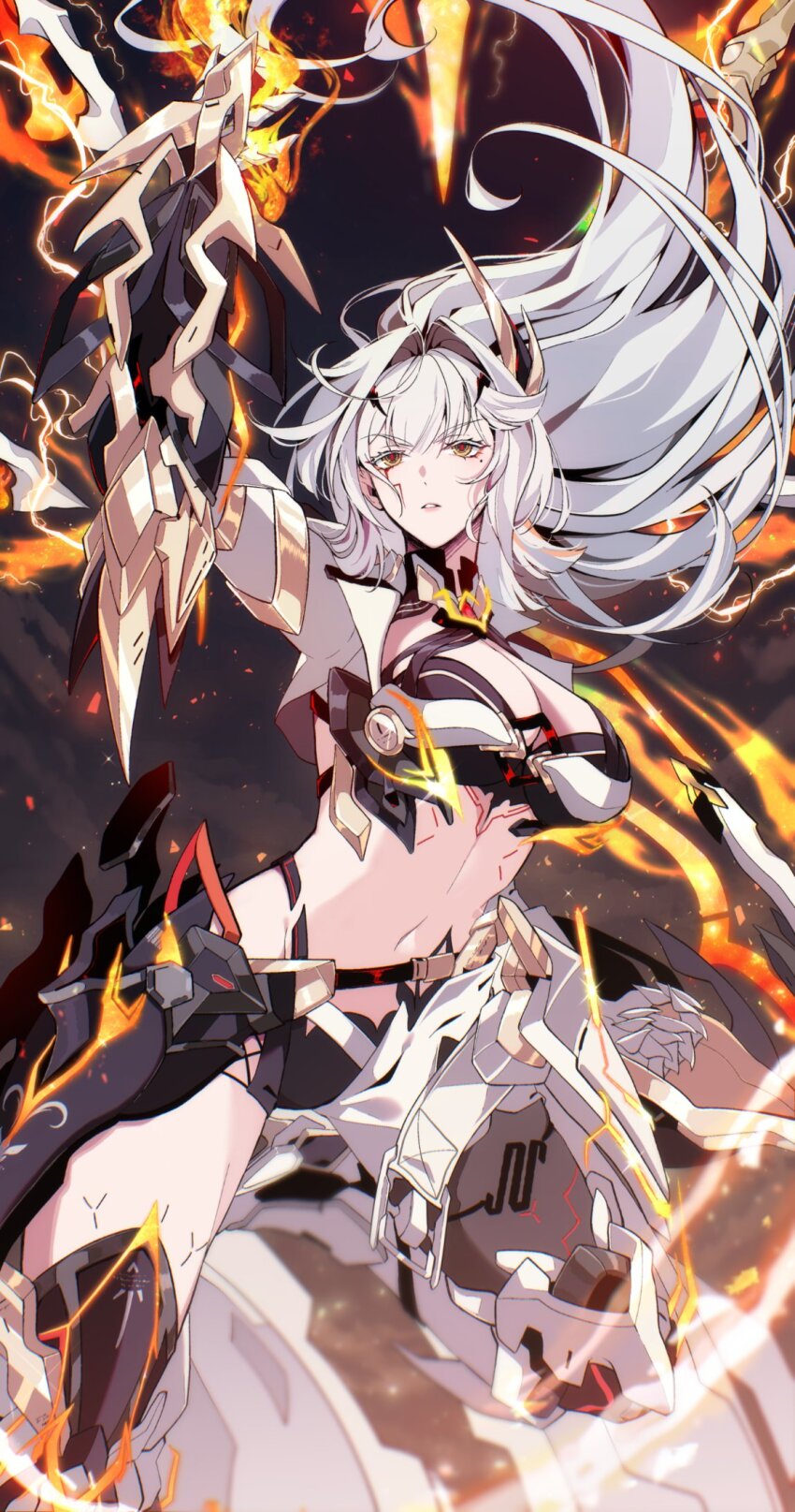 1girl aer007580 arm_up armor black_thighhighs body_markings breasts cleavage commentary english_commentary erdos_helia erdos_helia_(planar_armament:_warped_spacetime) facial_mark floating_hair gauntlets hair_floating_upwards hair_intakes headgear highres honkai_(series) honkai_impact_3rd large_breasts long_hair mole mole_under_eye navel official_art parted_lips red_pupils second-party_source single_thighhigh solo stomach thighhighs thighs very_long_hair white_hair yellow_eyes