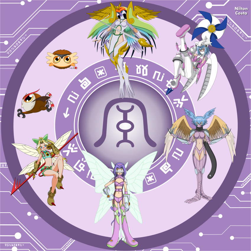 aircraft airplane ancientirismon armor digimon digimon_(creature) digimon_frontier fairimon gloves head_wings highres jetsilphymon long_hair mask pinamon puwamon short_hair shutumon tinkermon wings