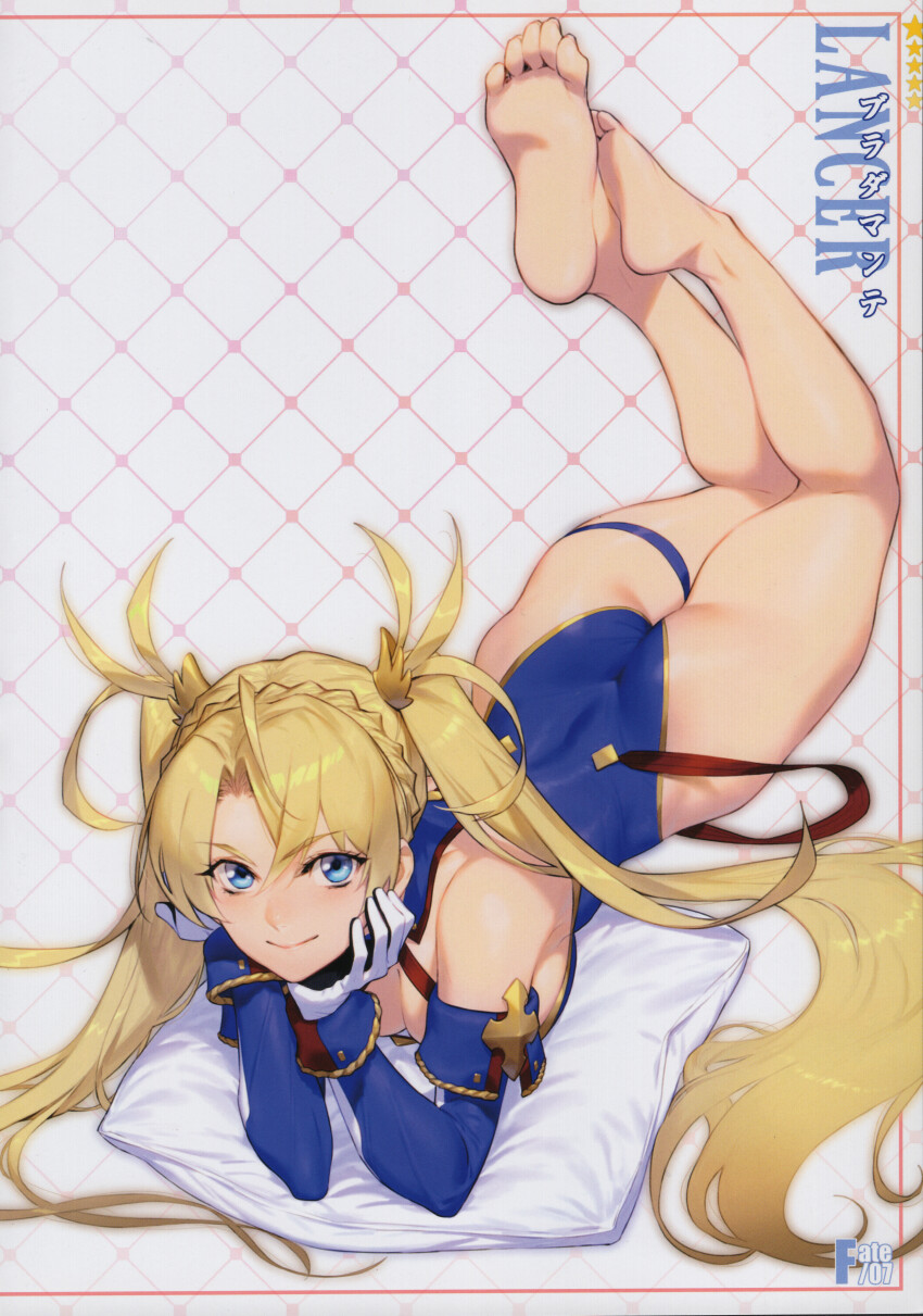 1girl absurdres ass azusa_(hws) bare_shoulders barefoot blue_leotard bradamante_(fate) bradamante_(first_ascension)_(fate) braid breasts cleavage closed_mouth detached_sleeves fate/grand_order fate_(series) gloves gold_trim hair_ornament highleg highleg_leotard highres leotard long_hair looking_at_viewer lying medium_breasts on_stomach page_number pillow scan shiny_skin simple_background smile solo thigh_strap thighs toes twintails