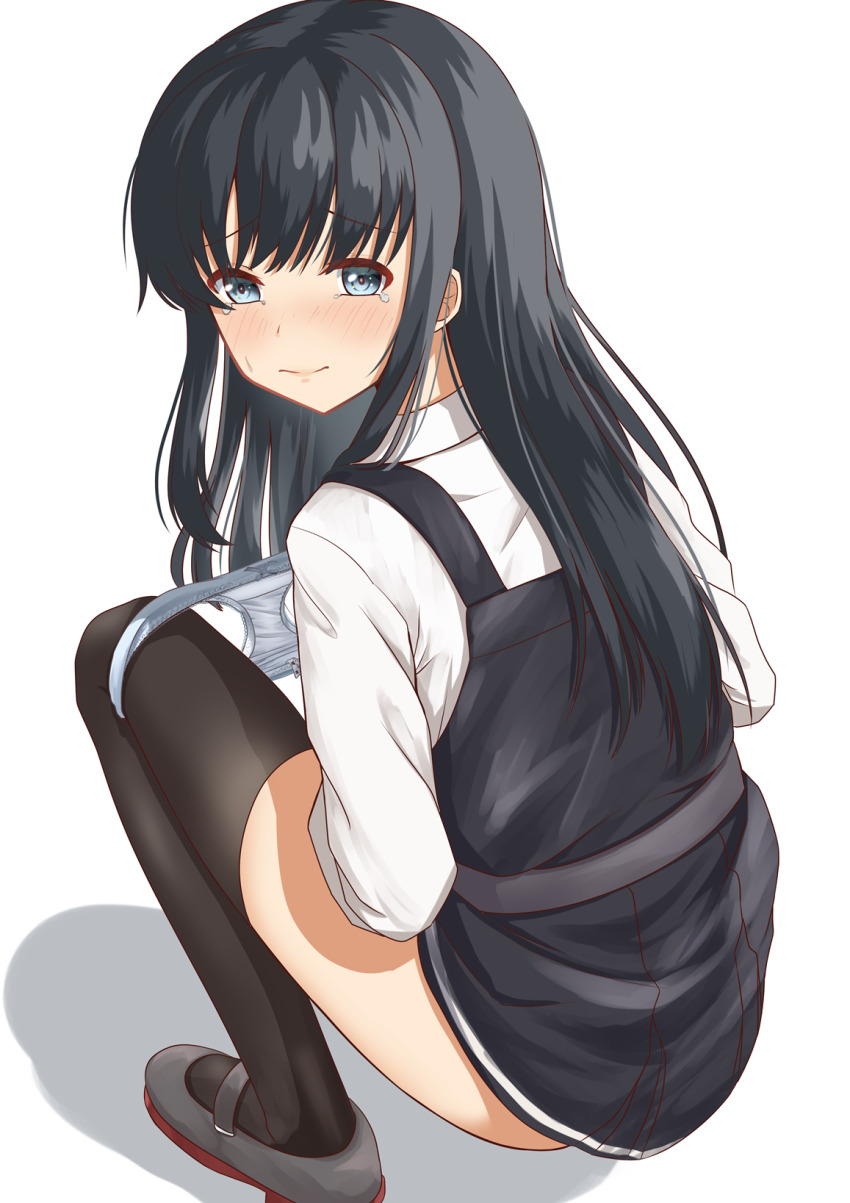 1girl asashio_(kancolle) black_dress black_hair black_thighhighs blush bow bow_panties closed_mouth commentary_request dress embarrassed full_body grey_eyes grey_shoes highres kantai_collection long_hair long_sleeves looking_at_viewer looking_back mary_janes panties panty_pull panty_tag petite pinafore_dress raised_inner_eyebrows shadow shirt shoes simple_background sleeveless sleeveless_dress solo squatting straight_hair tearing_up thighhighs turning_head underwear variant_set white_background white_panties white_shirt wispy_bangs zuki