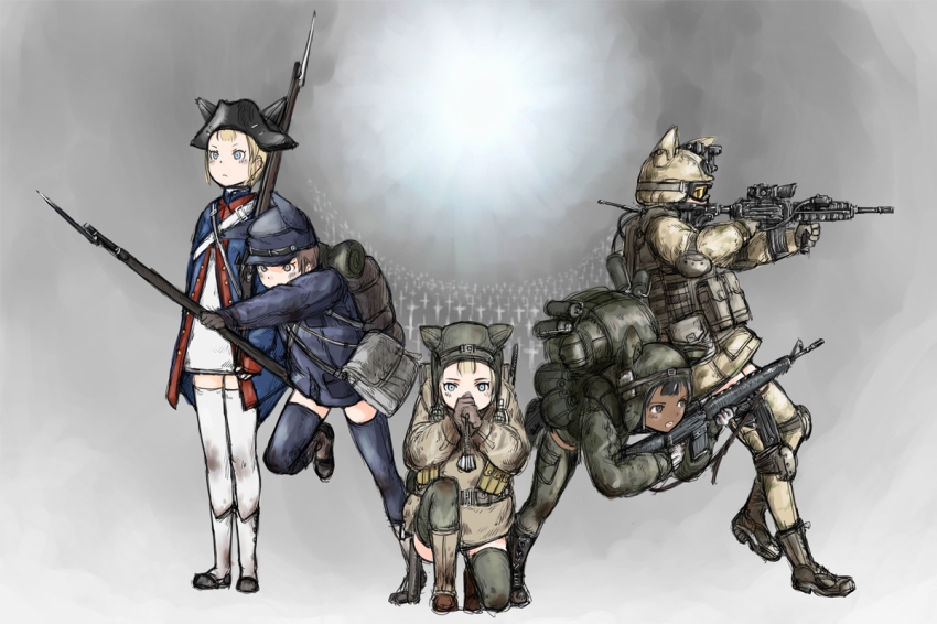 5girls afghanistan american_civil_war american_revolution animal_ears assault_rifle backpack bad_id bad_pixiv_id bag bayonet canteen cross dark-skinned_female dark_skin elbow_pads explosive gradient_background graveyard grenade gun hat m16 m16a1 m4_carbine mars_expedition military military_uniform multiple_girls musket no_pants praying rifle thighhighs tricorne united_states vietnam war weapon world_war_ii y_(khakiyawn) zettai_ryouiki