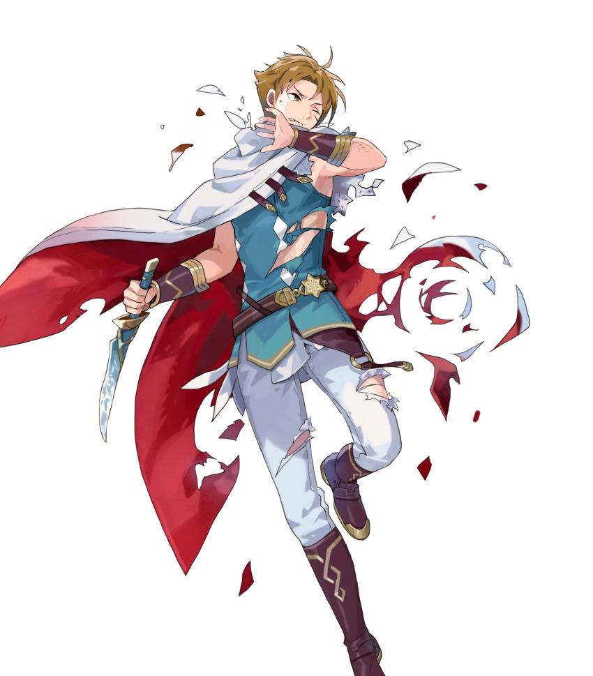 1boy belt blue_shirt boots brown_eyes brown_footwear brown_hair fire_emblem fire_emblem:_the_blazing_blade fire_emblem_heroes highres matthew_(fire_emblem) matthew_(resplendent)_(fire_emblem) nintendo o-ring official_alternate_costume official_art shirt simple_background sleeveless sleeveless_shirt third-party_source tobi_(kotetsu) two-tone_cape white_background wrist_guards
