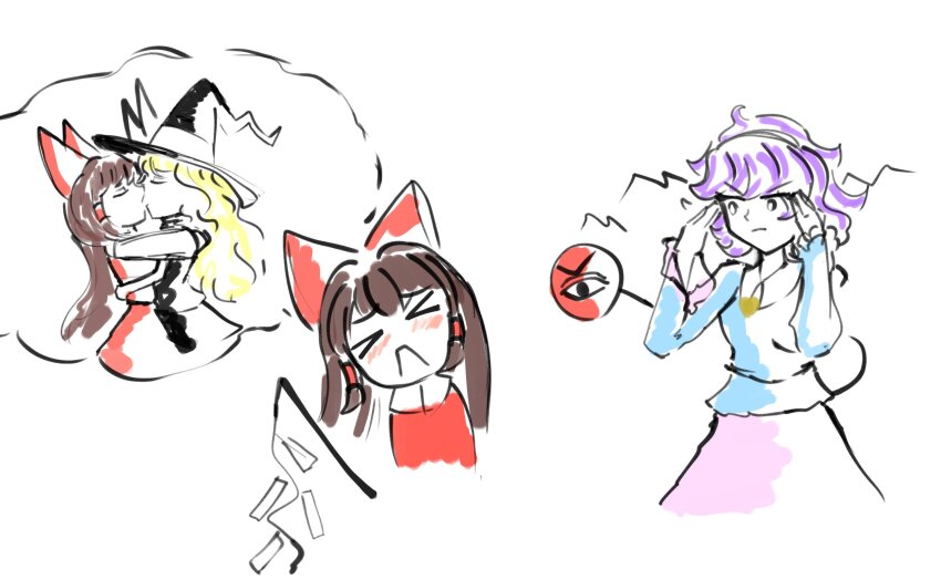 &gt;_&lt; 3girls alicetrilobite amegalodon235 blonde_hair blouse blue_shirt blush bow frilled_sleeves frills gohei hair_bow hair_tubes hairband hakurei_reimu hat highres hug kirisame_marisa kiss komeiji_satori mind_reading multiple_girls pink_skirt purple_hair red_bow shirt short_hair simple_background skirt speech_bubble third_eye thought_bubble touhou white_background witch_hat yuri