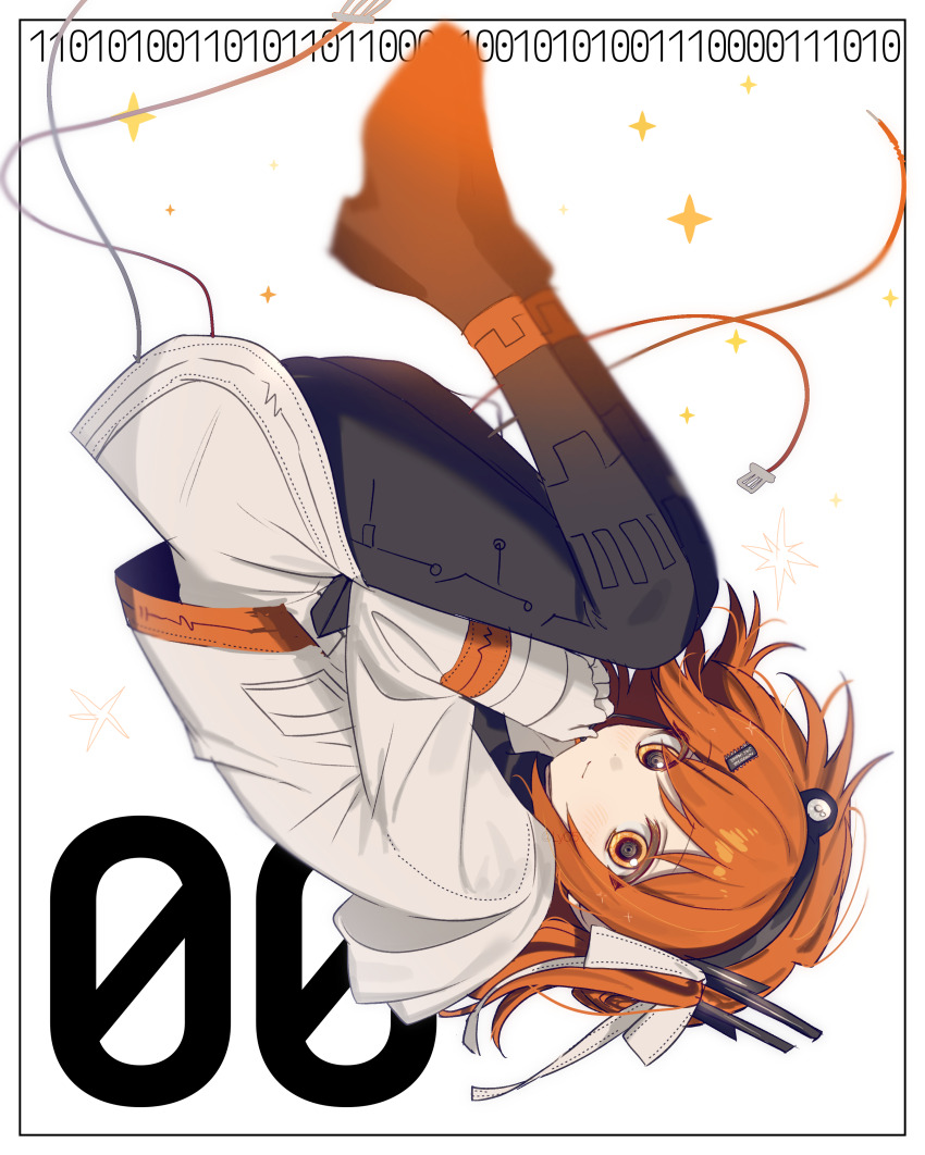 1girl a.i._voice absurdres adachi_rei android artificial_eye binary black_pantyhose blurry_edges closed_mouth commentary_request expressionless fetal_position floating_hair from_side full_body gloves hair_ribbon headlamp highres hinomiya_shiyou_(ly05yy) inset_border jacket lens_eye long_sleeves looking_at_viewer looking_to_the_side mechanical_eye medium_hair one_side_up orange_eyes orange_hair pantyhose ribbon simple_background solo sparkle upside-down utau white_background white_gloves white_jacket white_ribbon