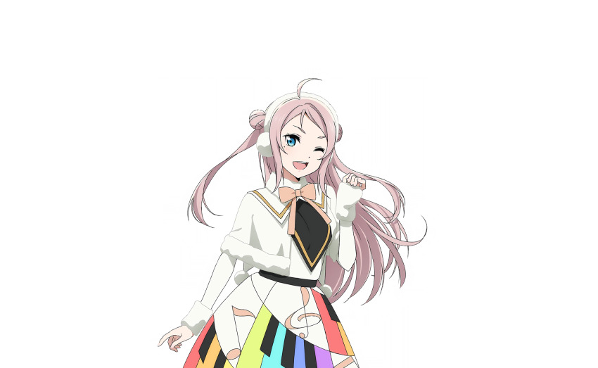1girl ;d ahoge blue_eyes blush bow capelet colorful_dreams!_colorful_smiles!_(love_live!) cowboy_shot double_bun dress earmuffs fur-trimmed_capelet fur-trimmed_collar fur_trim hair_bun hand_up highres long_hair long_sleeves looking_at_viewer love_live! love_live!_nijigasaki_high_school_idol_club love_live!_school_idol_festival_2 mole mole_under_eye musical_note musical_note_print neck_ribbon official_art one_eye_closed open_mouth piano_print pink_bow pink_hair rainbow_print rainbow_skirt ribbon sidelocks smile solo teeth transparent_background two_side_up upper_teeth_only white_capelet white_dress zhong_lanzhu