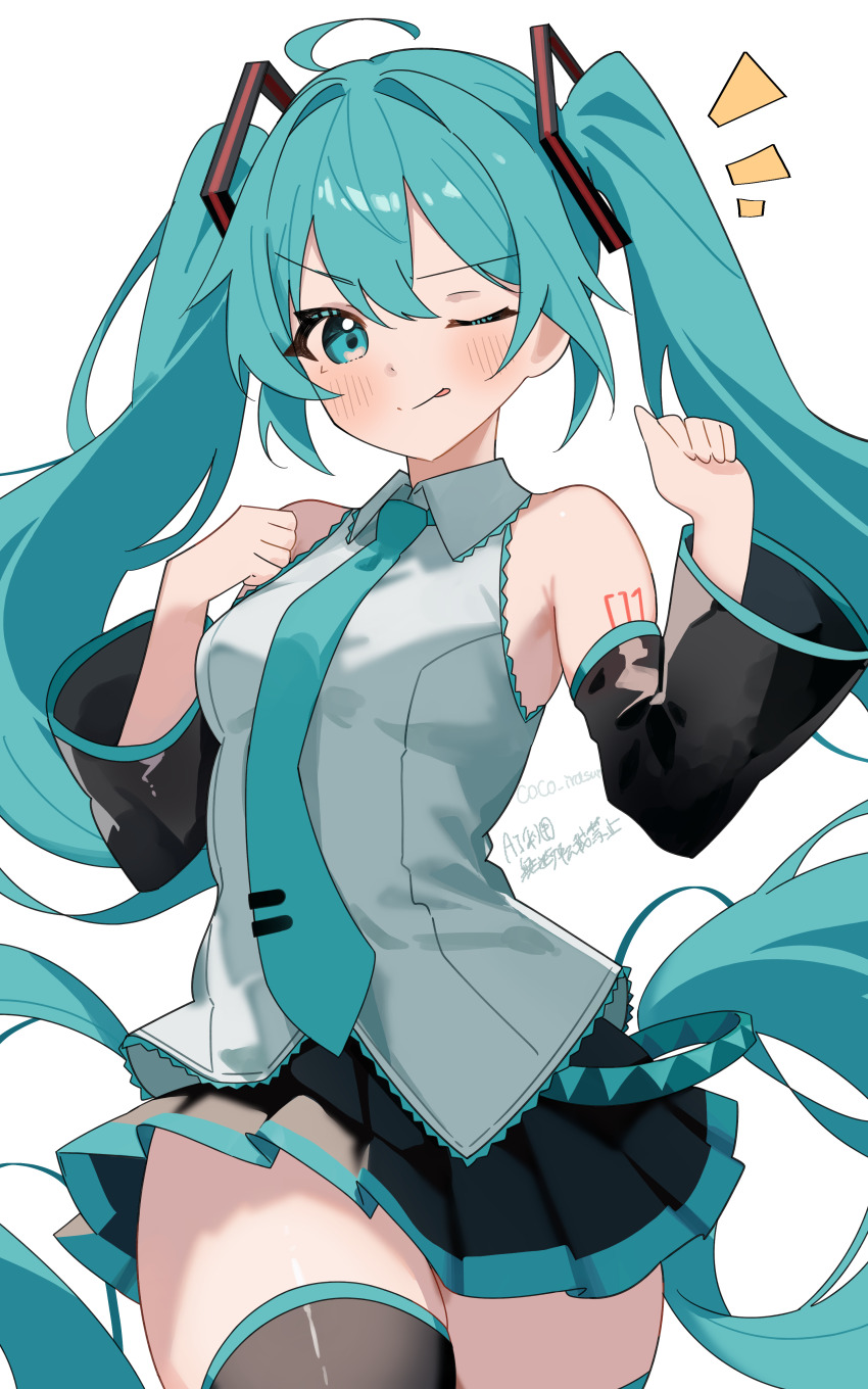 1girl absurdres ahoge aqua_eyes aqua_hair aqua_necktie aqua_trim arm_tattoo armpit_crease black_skirt blush breasts closed_mouth coco_irasuto collared_shirt detached_sleeves hair_between_eyes hair_ornament hatsune_miku highres long_hair long_sleeves looking_at_viewer medium_breasts necktie notice_lines number_tattoo one_eye_closed pleated_skirt shirt simple_background skirt smile solo sweat tattoo thick_thighs thighs twintails very_long_hair vocaloid white_background white_shirt wide_sleeves