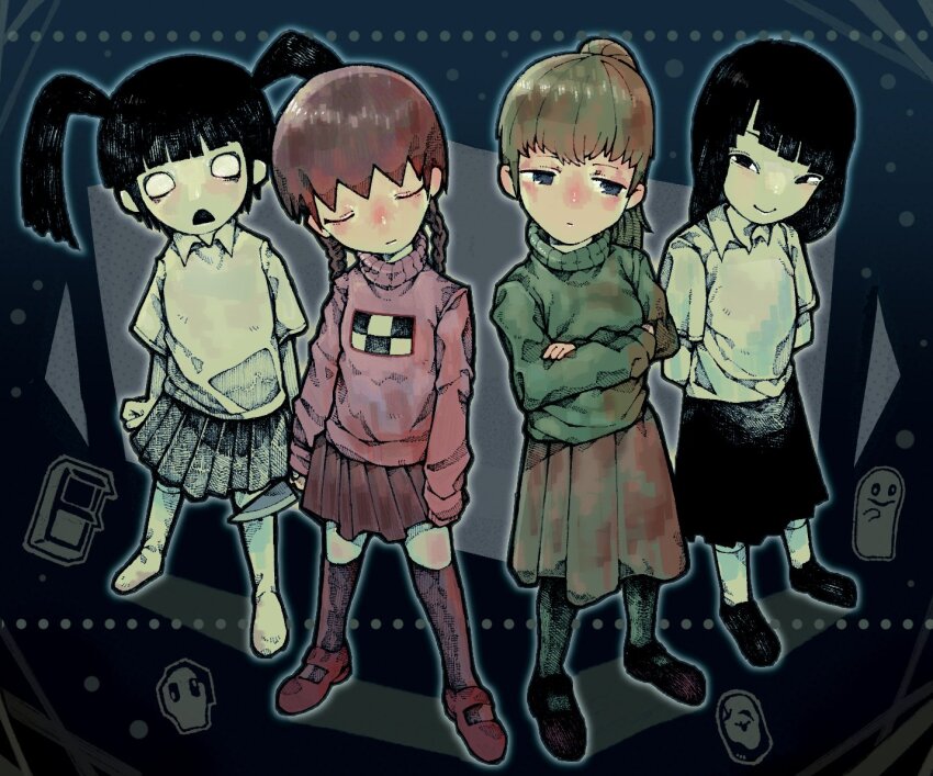 4girls arms_at_sides arms_behind_back black_eyes black_footwear black_hair blonde_hair blue_eyes blunt_bangs braid brown_hair brown_skirt closed_eyes closed_mouth collared_shirt colored_skin crossed_arms crosshatching d: frown full_body green_pantyhose green_sweater hatching_(texture) kyukkyu-kun legs_apart long_hair long_sleeves looking_to_the_side madotsuki mary_janes mayuge_smash monoe monoko multiple_girls open_mouth pantyhose pink_shoes pink_sweater pleated_skirt poniko ponytail red_footwear red_skirt sekomumasada_sensei shirt shoes short_sleeves skirt socks solid_eyes standing sweater thighhighs turtleneck turtleneck_sweater twin_braids twintails u_u uboa white_eyes white_shirt white_skin white_skirt white_socks white_thighhighs yume_nikki zettai_ryouiki