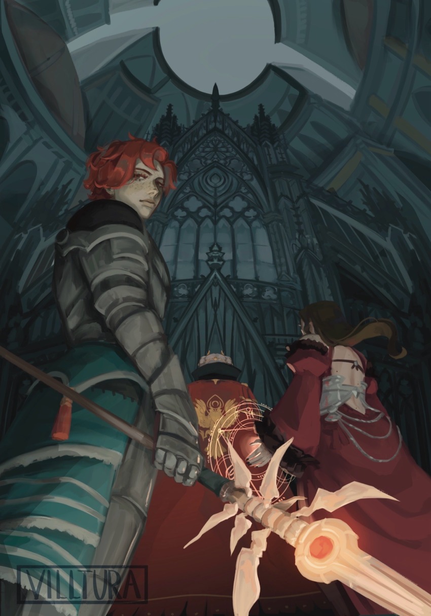 1boy 2girls armor artist_name back bare_back blonde_hair brown_hair cape closed_mouth collared_cape commentary curly_hair detached_sleeves dorothea_arnault dorothea_arnault_(timeskip) double_bun dress edelgard_von_hresvelg edelgard_von_hresvelg_(timeskip) english_commentary fake_horns fire_emblem fire_emblem:_three_houses friends from_behind from_below from_side full_armor glowing green_background hair_bun hair_flowing_over hair_up headpiece high_collar highres holding holding_polearm holding_weapon horns indoors long_hair long_sleeves looking_to_the_side multiple_girls nintendo polearm powering_up puffy_long_sleeves puffy_sleeves red_cape red_dress red_hair shade short_hair standing sylvain_jose_gautier sylvain_jose_gautier_(timeskip) villtura wavy_hair weapon wide_sleeves