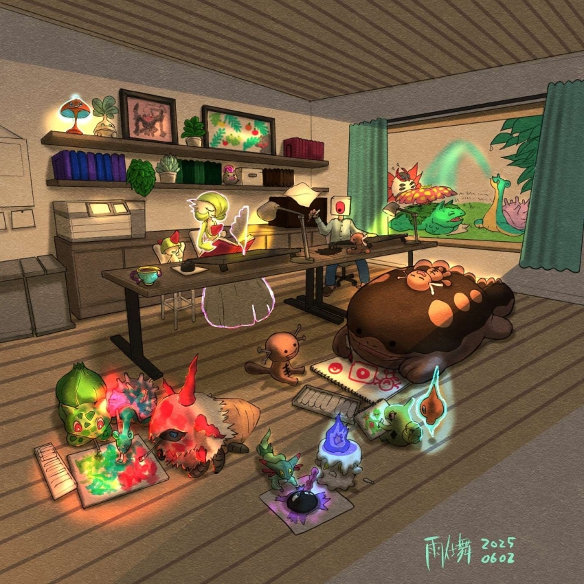 ._. 1girl 2others amejimai artist_name bag bag_over_head black_eyes blue_eyes blue_pants blue_sclera blunt_bangs bob_cut bonsly book bowl_cut bright_pupils bulbasaur buttons chair child child&#039;s_drawing clodsire closed_mouth colored_sclera colored_skin covered_eyes crayon cup curtains darkrai dated drawing_(action) dreepy flat_chest gardevoir gastly gen_1_pokemon gen_2_pokemon gen_3_pokemon gen_4_pokemon gen_5_pokemon gen_8_pokemon green_hair green_skin grey_shirt hair_over_one_eye happy highres holding holding_book holding_crayon holding_paintbrush ivysaur lamp lapras larvesta larvitar legendary_pokemon litwick long_sleeves lying mouth_hold multicolored_skin multiple_others mythical_pokemon nintendo noclip notebook office_chair on_back on_chair on_floor on_stomach one_eye_covered open_book open_mouth paint_splatter paint_splatter_on_face paintbrush painting_(action) paldean_wooper pants paper paper_bag picture_frame pokemon pokemon_(creature) pupitar quill ralts reading red_eyes rotom rotom_(normal) rotom_(other) sableye shelf shirt short_hair signature sinistea sitting sleeping smile spoink squirting_liquid surprised swivel_chair table teacup telekinesis two-tone_skin tyranitar volcarona water white_pupils white_skin wide-eyed window yellow_eyes