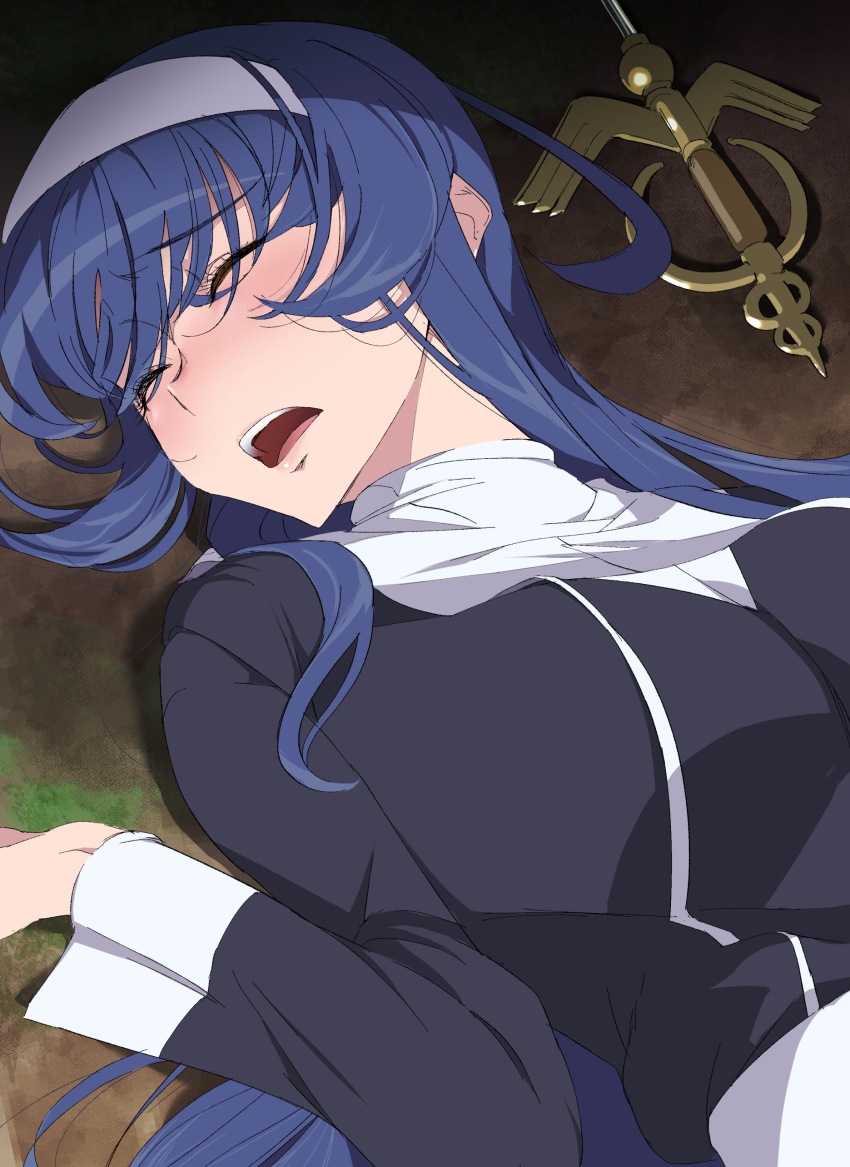 1girl absurdres blue_hair blush breasts closed_eyes defeat dress grass headband highres lipgloss lips long_hair lying messy_hair nun on_back on_ground open_mouth orie_ballardiae_harada pommel solo solo_focus sword sword_hilt teeth touniyuu under_night_in-birth weapon white_headband