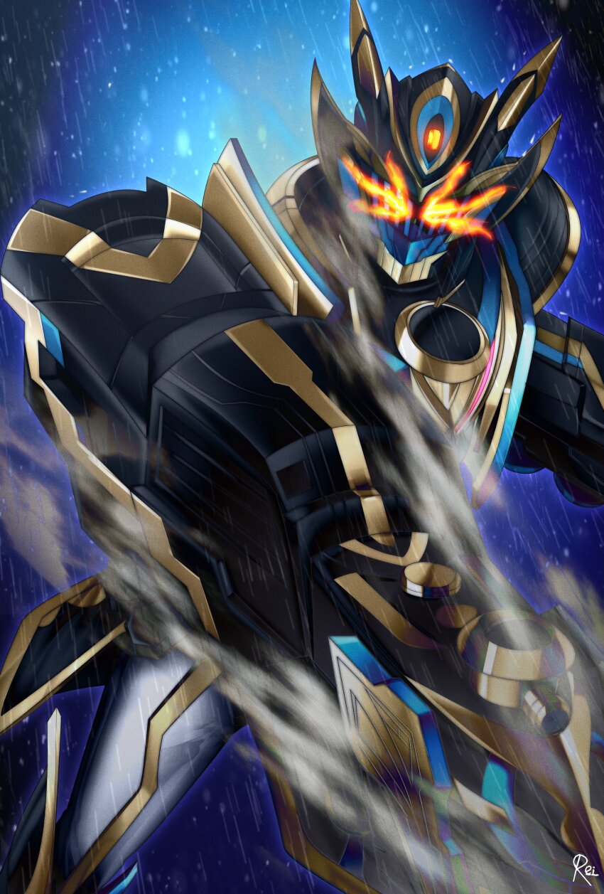 1boy absurdres armor aura black_armor blue_fire bodysuit rider_belt finishing_move fire foreshortening gauntlets gloves glowing glowing_eyes gold_trim gotcha_driver highres incoming_attack kamen_rider kamen_rider_gotchard kamen_rider_gotchard_(series) kamen_rider_iron_gotchard living_clothes locomotive loincloth mixed-language_commentary motion_blur outstretched_arms power_armor punching purple_eyes reiei_8 rider_belt spread_arms star_(symbol) star_symbol_background steam steam_locomotive tenliner tokusatsu white_bodysuit yellow_eyes