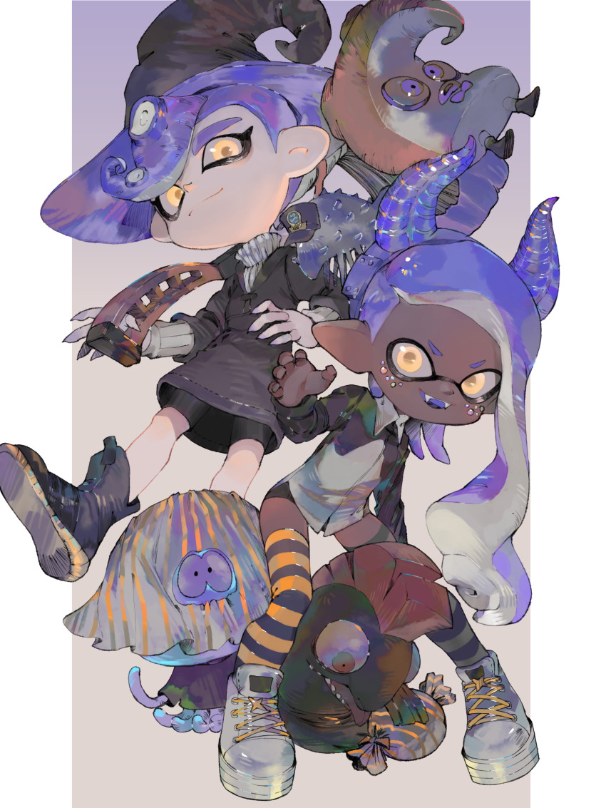 1boy 1girl :d asymmetrical_legwear bad_id bad_pixiv_id blue_hair blue_hairband c.q._cumber_(splatoon) candy chum_(splatoon) closed_mouth dark_skin demon_horns fake_horns fangs food hairband halloween highres horns inkbrush_(splatoon) inkling inkling_girl inkling_player_character jellyfish_(splatoon) legs_apart long_hair long_sleeves looking_at_viewer mismatched_legwear mohawk nintendo octarian_(enemy) octoling octoling_boy octoling_player_character octotrooper open_mouth paint paintbrush pointy_ears salmonid sea_cucumber shoes smile splatoon_(series) splatoon_2 splatoon_2:_octo_expansion standing striped_clothes striped_thighhighs suction_cups teeth tentacle_hair thighhighs urutora v-shaped_eyebrows very_dark_skin yellow_eyes zettai_ryouiki