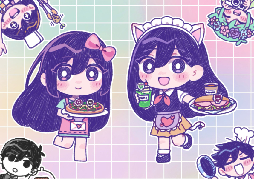 +_+ 2girls 4boys animal_ears apron aubrey_(headspace)_(omori) aubrey_(omori) barefoot basil_(headspace)_(omori) basil_(omori) black_eyes black_hair blue_shirt blush bright_pupils brother_and_sister brothers camera cat_ears cat_tail chef_hat chibi chibi_only closed_mouth collared_shirt colored_skin commentary_request double-parted_bangs fake_animal_ears fake_tail flat_top_chef_hat flower flower_wreath food frying_pan green_hair hair_between_eyes hat head_wreath headdress hero_(headspace)_(omori) hero_(omori) highres holding holding_camera holding_frying_pan holding_plate holding_tongs holding_tray kato_(momota_rosan) kel_(headspace)_(omori) kel_(omori) long_hair looking_at_viewer mari_(headspace)_(omori) mari_(omori) multiple_boys multiple_girls neckerchief omori omori_(omori) open_mouth pink_apron pizza plate purple_eyes purple_hair purple_sweater_vest red_neckerchief sandwich shirt short_hair short_sleeves siblings simple_background smile sprout_mole sweater_vest tail teeth tongs tray upper_teeth_only white_hat white_pupils white_shirt white_skin