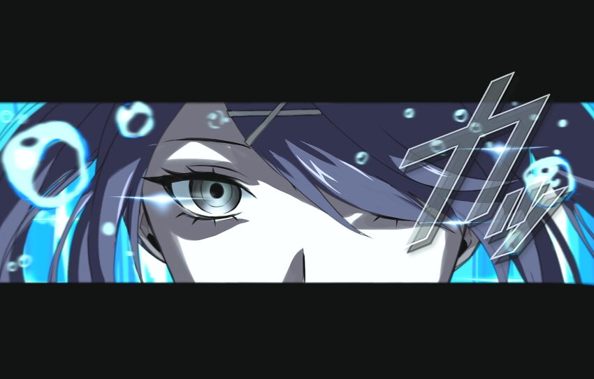 1girl ame-chan_(needy_girl_overdose) black_hair blue_background bubble close-up eye_focus eye_trail glint hair_ornament hair_over_one_eye highres light_trail looking_at_viewer needy_girl_overdose parody persona persona_eyes solo translation_request uiha_xxx x_hair_ornament