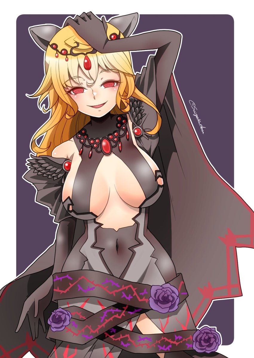 1girl ahoge artist_name blonde_hair breasts cape circlet cleavage colored_eyelashes flower gem highres isabeau_de_baviere_(madoka_magica) jewelry large_breasts long_hair magia_record:_mahou_shoujo_madoka_magica_gaiden mahou_shoujo_madoka_magica mahou_shoujo_tart_magica messy_hair necklace official_alternate_costume open_mouth purple_flower purple_rose red_eyes ring rose saigokudou smile solo veil wavy_hair