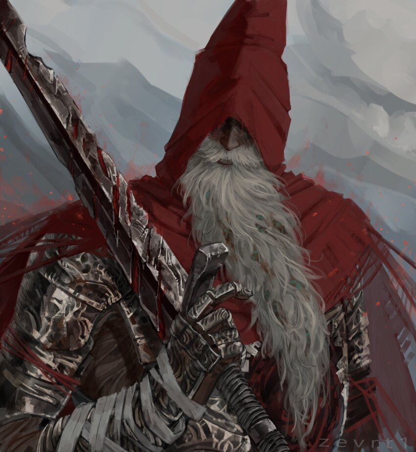 absurdres armor bandaged_arm bandages beard blue_background broken broken_weapon cloak dark dark_souls_(series) dark_souls_iii facial_hair full_armor full_beard glowing glowing_sword glowing_weapon grey_hair highres holding holding_sword holding_weapon hood hood_over_eyes hood_up hooded_cloak knight long_beard looking_at_viewer old old_man plate_armor red_cloak red_hood simple_background slave_knight_gael sword thick_beard very_long_beard weapon zevranstits