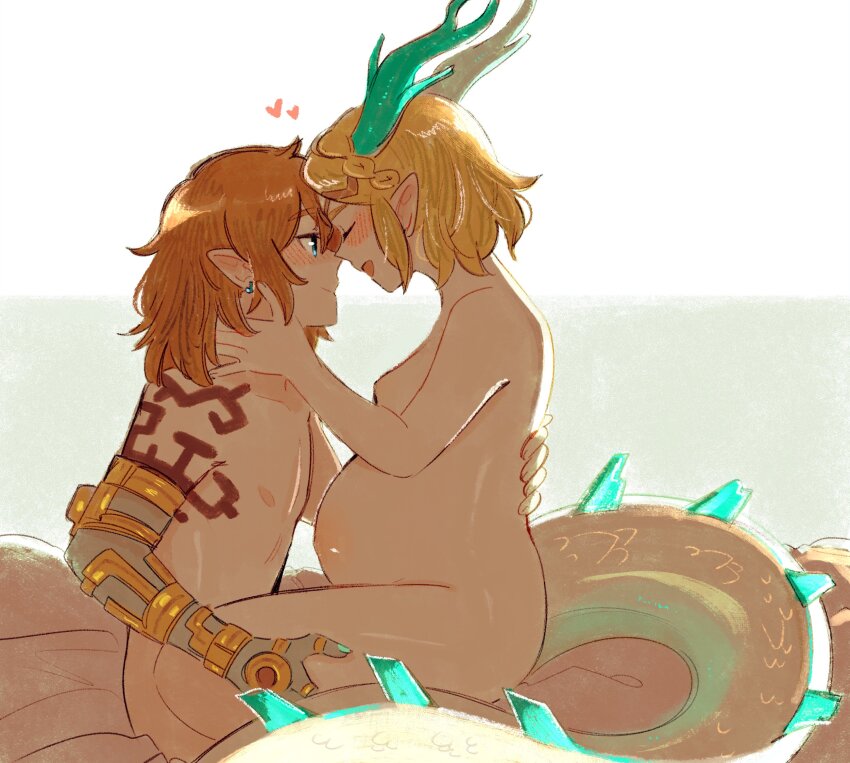 1boy 1girl ange_(angeban93) big_belly blonde_hair blush braid closed_eyes completely_nude couple crown_braid dragon_girl dragon_horns dragon_tail fingernails forehead-to-forehead heads_together highres horns light_dragon_(zelda) link nintendo nude pointy_ears pregnant princess_zelda sharp_fingernails sitting sitting_on_lap sitting_on_person smile spines straddling tail the_legend_of_zelda the_legend_of_zelda:_tears_of_the_kingdom upright_straddle very_long_tail