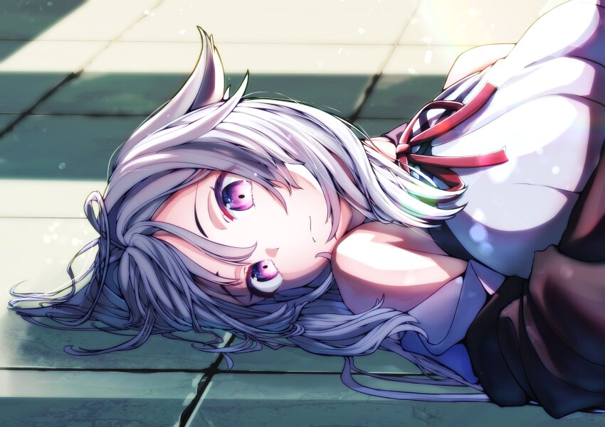 1girl absurdres bare_shoulders black_jacket breasts brown_jacket closed_mouth grey_hair hair_between_eyes hair_flaps highres homusuki jacket kikyo_(vrchat) long_hair looking_at_viewer looking_to_the_side lying medium_breasts neck_ribbon off_shoulder on_back on_floor purple_eyes red_ribbon ribbon shirt sleeveless sleeveless_shirt solo upper_body vrchat white_shirt