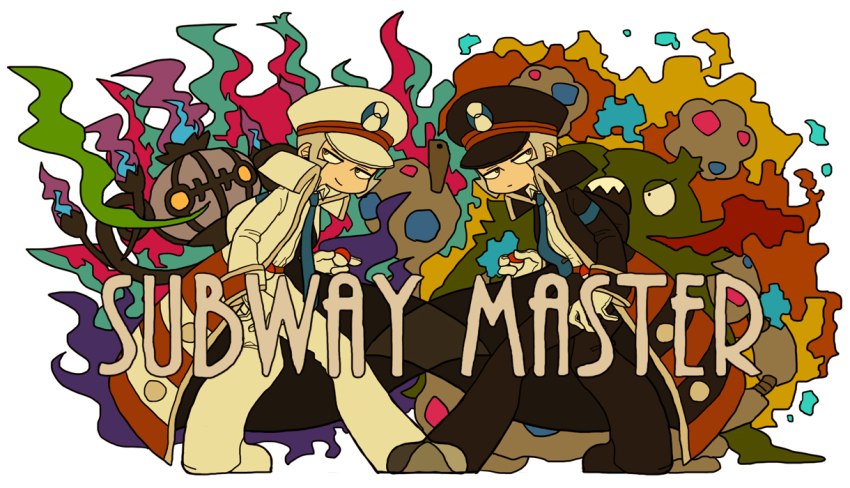 aura black_hat black_pants blue_necktie brothers chandelure character_name closed_mouth coat emmet_(pokemon) garbodor gen_5_pokemon gloves grey_hair hat holding holding_poke_ball ingo_(pokemon) male_focus medoroooa necktie nintendo pants poke_ball poke_ball_(basic) pokemon pokemon_(creature) pokemon_bw shirt siblings smile tie_clip twins white_coat white_gloves white_hat white_pants white_shirt