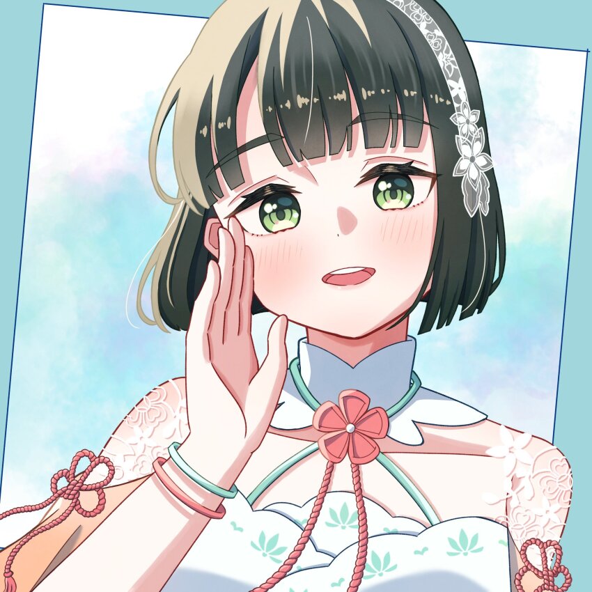 1girl :d aoku_haruka/flower bare_shoulders black_hair blue_background blue_border blunt_bangs blunt_ends blush bob_cut border check_commentary collarbone commentary_request criss-cross_halter dress gradient_clothes gradient_dress green_eyes hairband halter_dress halterneck highres lace_hairband link!_like!_love_live! looking_at_viewer love_live! momose_ginko off-shoulder_dress off_shoulder official_alternate_costume okome_(okome_l_l) open_mouth orange_dress outside_border short_hair smile solo teeth upper_body upper_teeth_only virtual_youtuber white_hairband