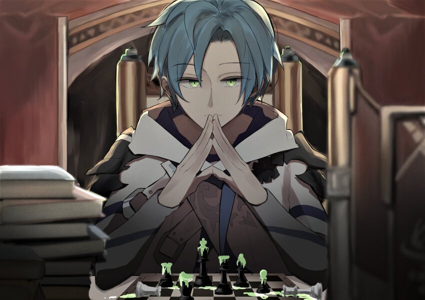 1boy absurdres armor bishop_(chess) blue_hair blurry blurry_foreground book book_stack chair chess_piece closed_mouth elbows_on_table green_eyes hair_between_eyes highres holostars holostars_english hood hood_down hoodie king_(chess) layered_sleeves long_sleeves looking_at_viewer male_focus own_hands_together queen_(chess) regis_altare rook_(chess) russell_(rrrrrrz9) short_over_long_sleeves short_sleeves shoulder_armor sitting steepled_fingers virtual_youtuber