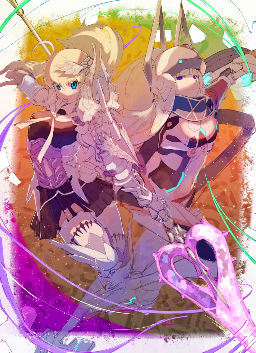 2girls ahoge armor artoria_pendragon_(fate) bare_shoulders black_bra black_dress black_shorts blonde_hair blue_eyes blue_scarf bra breasts brynhild_(fate) brynhild_romantia center_opening cleavage cosplay costume_switch diagonal_bangs dress elbow_gloves fate/grand_order fate_(series) gauntlets gloves greaves hair_ornament helmet highres lance large_breasts leotard long_hair looking_at_viewer multiple_girls mysterious_heroine_xx_(fate) mysterious_heroine_xx_(second_ascension)_(fate) navel open_mouth pleated_dress polearm ponytail purple_eyes sailor_collar saizo_sasaki scarf short_dress shorts sidelocks sleeveless sleeveless_dress smile spear thighhighs thighs twinmyniad_(fate) underwear very_long_hair weapon white_hair white_leotard white_sailor_collar white_thighhighs