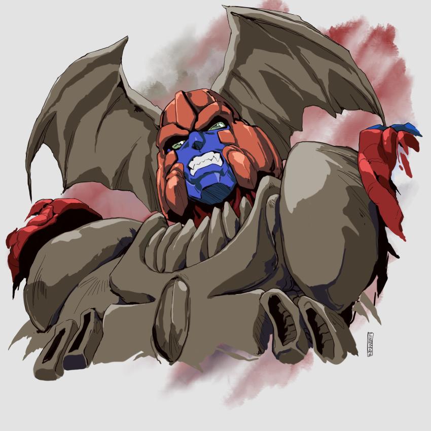 1boy absurdres beast_wars clenched_teeth commentary commission english_commentary green_eyes head_wings highres hinomars19 looking_up mecha no_humans predacon robot science_fiction solo t-wrecks teeth transformers upper_body wings