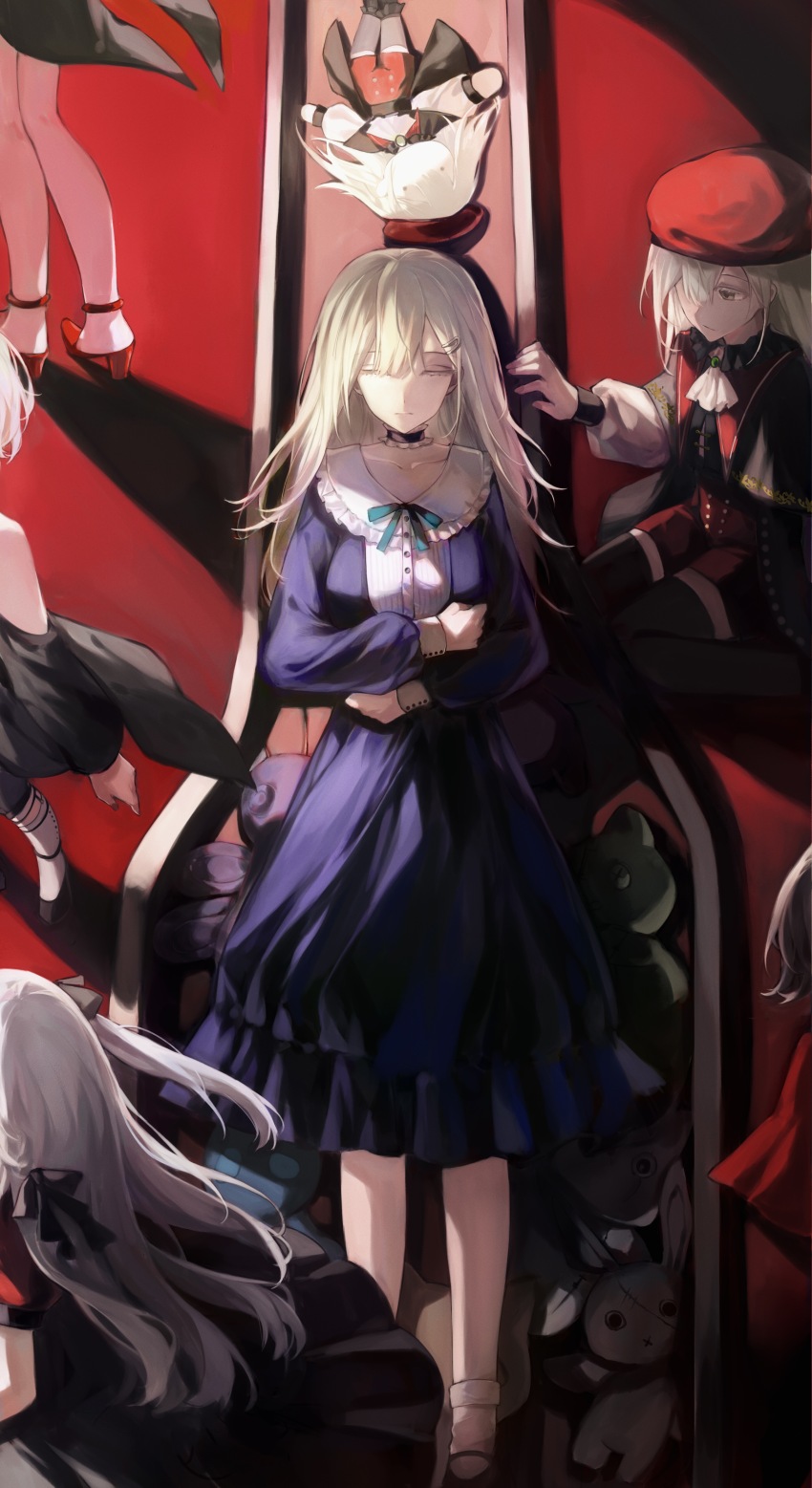 6+girls absurdres amoris_(bang_dream!) ascot ave_mujica_(bang_dream!) bang_dream! bang_dream!_it&#039;s_mygo!!!!! beret black_capelet black_thighhighs blonde_hair blue_dress capelet character_doll chinese_commentary closed_eyes closed_mouth coffin collared_dress commentary_request doll doloris_(bang_dream!) dress from_above funeral green_brooch guitar_case hair_ornament hairclip hat high_heels highres instrument_case long_hair long_sleeves looking_at_another lying misumi_uika mortis_(bang_dream!) mortis_(costume)_(bang_dream!) multiple_girls oblivionis_(bang_dream!) on_back out_of_frame red_footwear red_hat sidelocks sitting standing stuffed_animal stuffed_toy teddy_bear thighhighs timoris_(bang_dream!) togawa_sakiko wakaba_mutsumi white_ascot yahata_umiri yaoyuandehuanxiangting yuutenji_nyamu