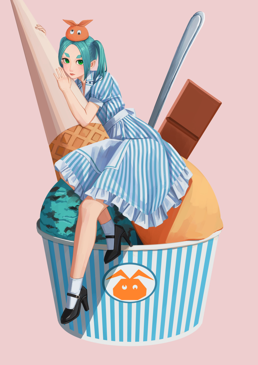 1girl absurdres aqua_hair black_shoes chocolate dress food googly_eyes green_eyes high_heels highres ice_cream ice_cream_cone ice_cream_cup looking_at_viewer mini_person minigirl mint_chocolate monogatari_(series) nemo_ringo on_food ononoki_yotsugi pink_background shoes simple_background sitting socks solo striped_clothes striped_dress twintails white_socks