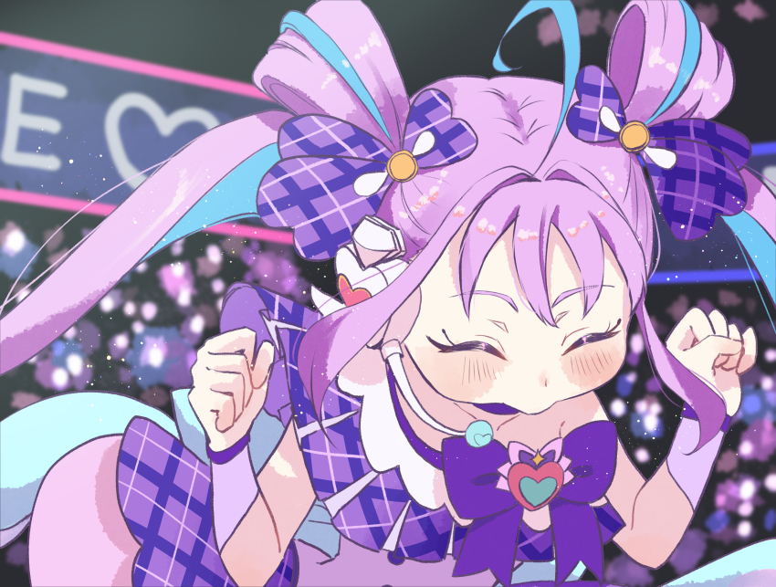 1girl absurdres ahoge blush bow brooch choker closed_eyes commentary_request concert cure_kyunkyun derivative_work hair_bow hair_intakes headset heart heart_brooch highres inori_002 jewelry kimi_to_idol_precure long_hair magical_girl multicolored_hair precure purple_bow purple_choker purple_hair purple_shirt shigure_kokoro shirt single-shoulder_shirt solo twintails two-tone_hair upper_body wrist_cuffs