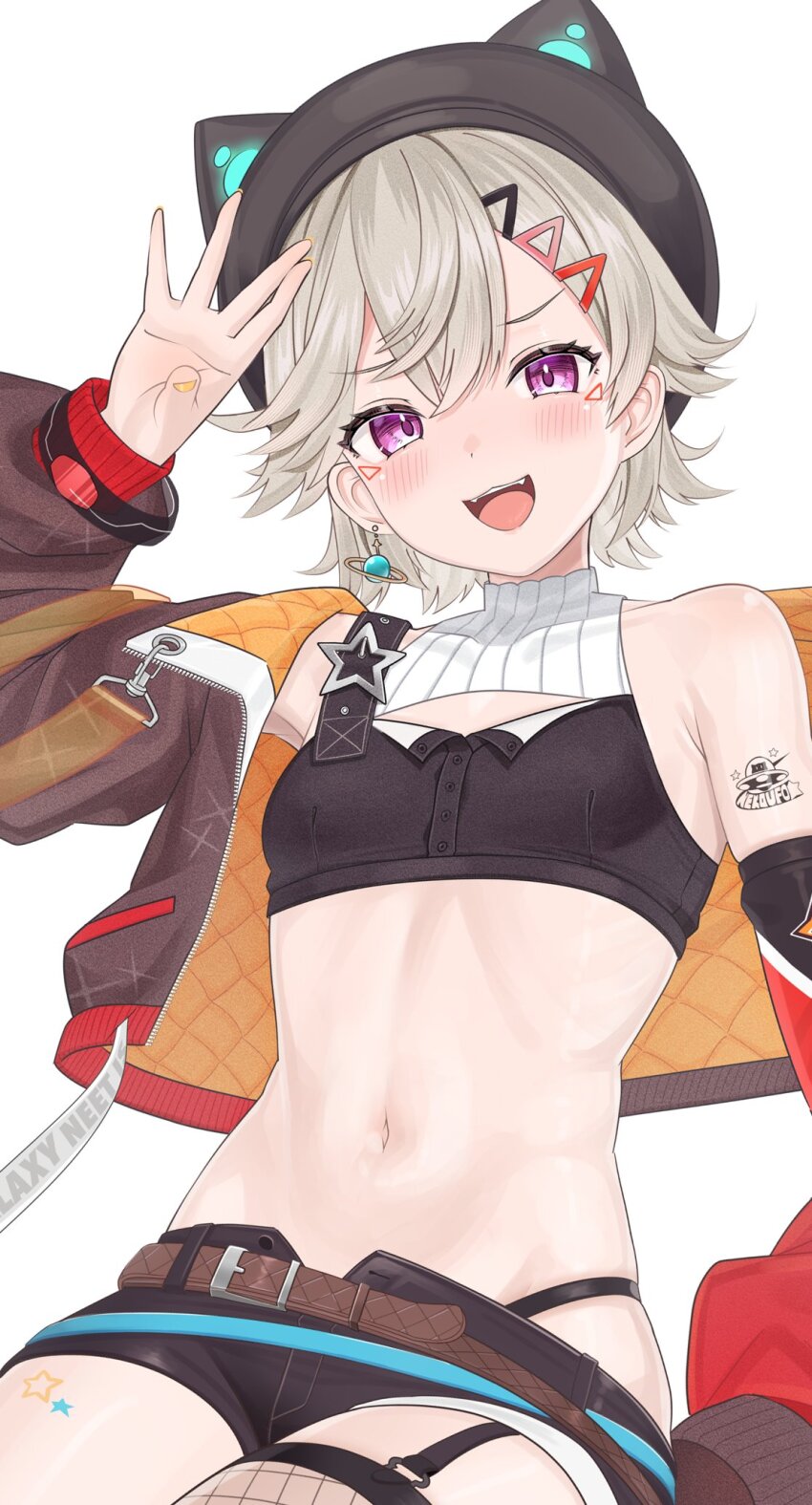 1girl animal_hat arm_tattoo belt black_hat black_shorts blush brown_belt cat_hat crop_top earrings facial_mark fangs grey_hair hair_ornament hairclip hat highres jacket jewelry komori_met komori_met_(5th_costume) looking_at_viewer navel open_clothes open_jacket open_mouth purple_eyes shorts simple_background single_strap solo tattoo teeth tojo_aoi upper_teeth_only virtual_youtuber vspo! white_background