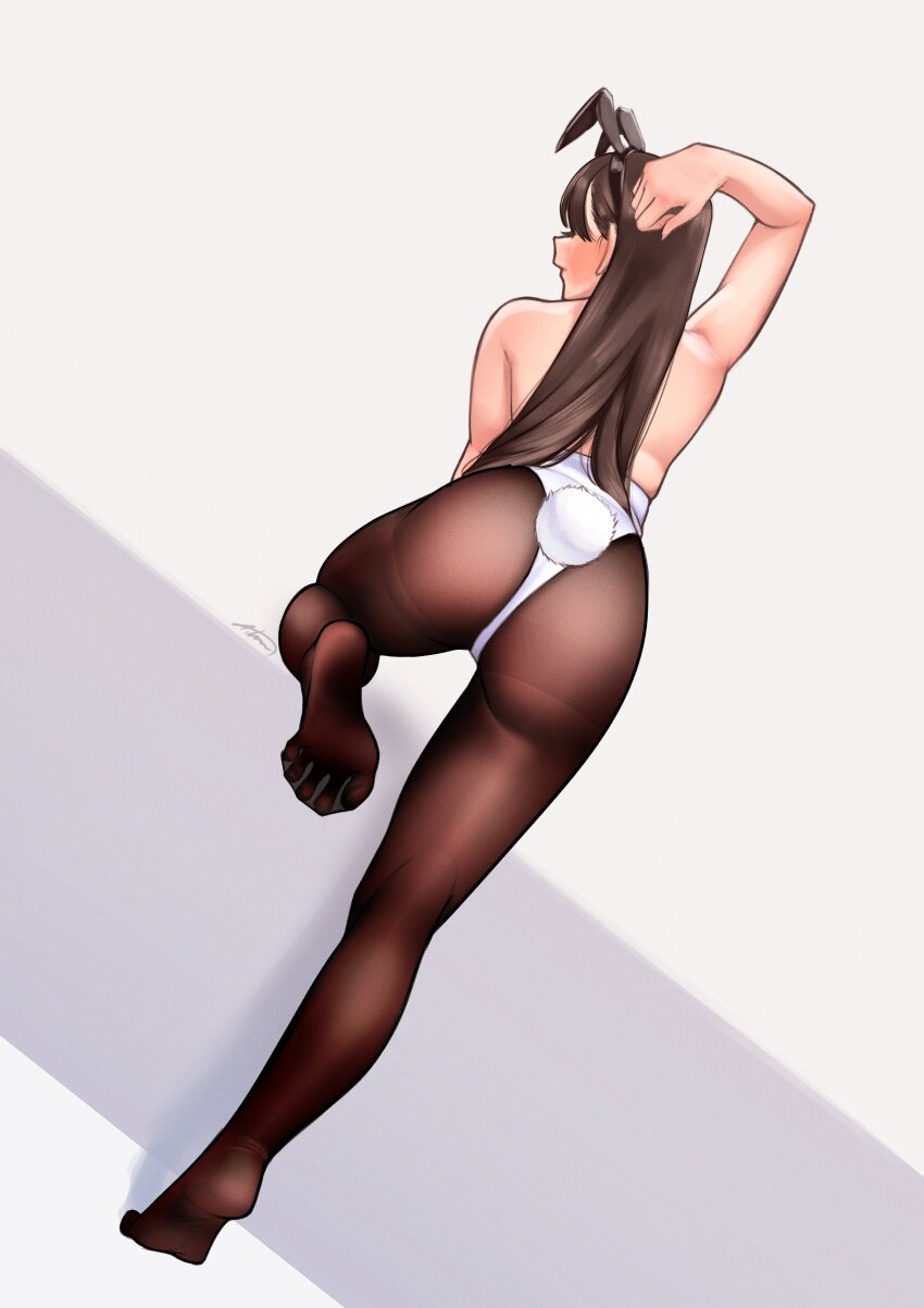 1girl absurdres aiharararara animal_ears arm_up ass back bare_shoulders black_hairband blush brown_hair brown_pantyhose commentary english_commentary eyelashes fake_animal_ears fake_tail feet from_behind full_body grey_background hairband highleg highleg_leotard highres legs leotard long_hair no_shoes original pantyhose playboy_bunny rabbit_ears rabbit_tail signature simple_background soles solo spread_toes tail toes very_long_hair white_leotard