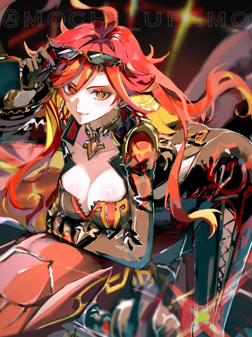 1girl absurdres biker_clothes bikesuit black_bodysuit black_gloves bodysuit breasts cleavage commentary_request earrings eyewear_on_head flamestrider_(genshin_impact) genshin_impact gloves highres large_breasts leaning_forward looking_at_viewer mavuika_(genshin_impact) mochi_upamo motor_vehicle motorcycle on_motorcycle orange_eyes orange_hair parted_lips sun_earrings symbol_in_eye zipper