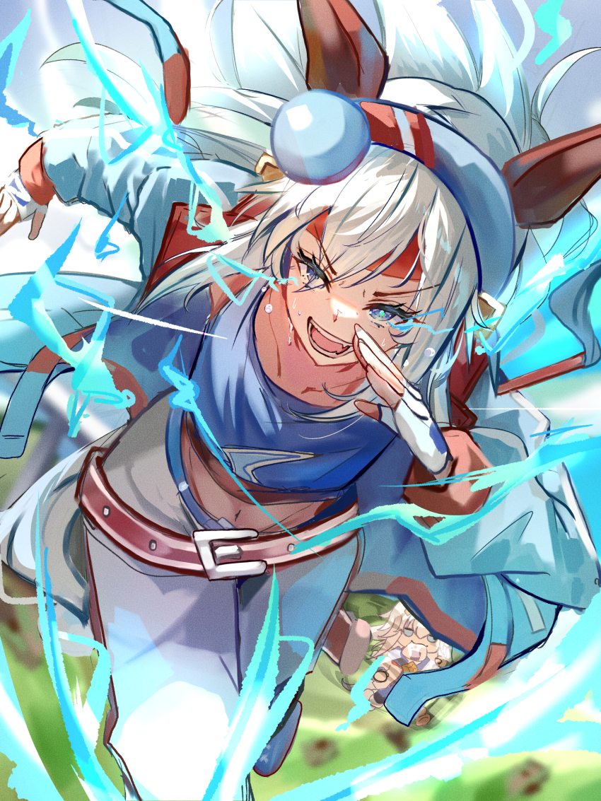 2girls absurdres animal_ears belt bimmy blue_eyes blue_hairband collarbone commentary ear_covers hairband highres horse_ears horse_girl horse_tail jacket long_hair midriff multiple_girls navel oguri_cap_(starlight_beat)_(umamusume) oguri_cap_(umamusume) open_clothes open_jacket open_mouth pants red_belt running sweat tail tamamo_cross_(umamusume) tamamo_cross_(with_lightning_speed)_(umamusume) teeth umamusume white_hair white_pants