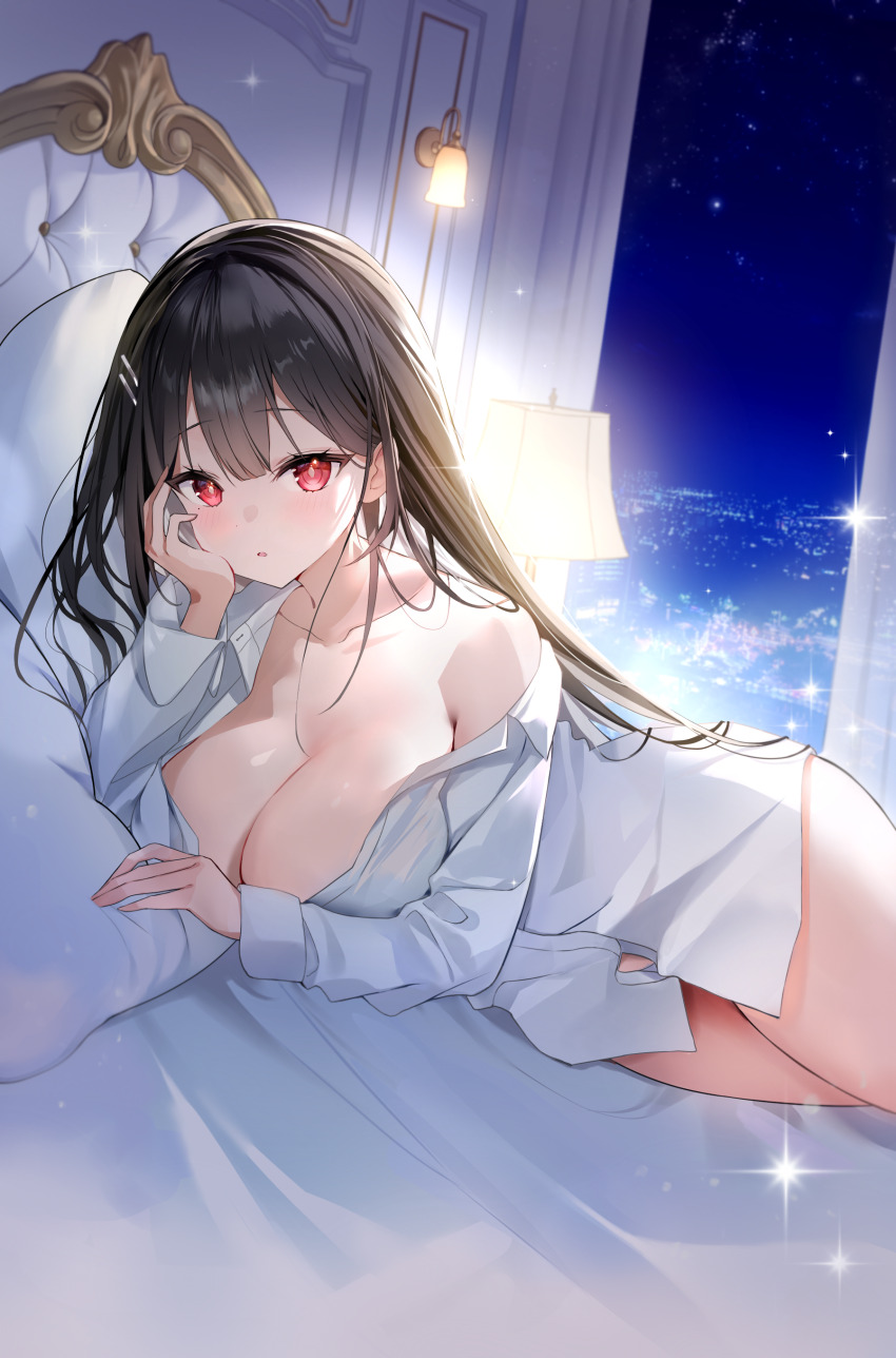 1girl absurdres arm_rest artist_request backlighting bare_shoulders bed bed_sheet black_hair blush breasts center-flap_bangs city_lights cleavage collarbone collared_shirt commentary_request commission curtains elbow_rest hair_ornament hairclip hand_on_own_cheek hand_on_own_face hand_up highres indoors korean_commentary lamp large_breasts long_hair long_sleeves looking_at_viewer lying mole mole_under_eye naked_shirt night night_sky on_bed on_side open_mouth original parallel_hairclips pillow red_eyes rie_(mirae_yang) second-party_source shirt single_bare_shoulder sky solo sparkle star_(sky) starry_sky thighs very_long_hair wall_lamp white_shirt window