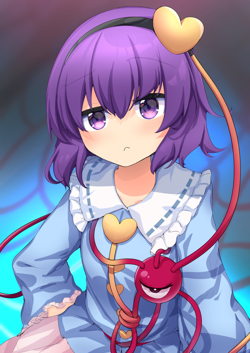 1girl absurdres black_hairband blue_shirt blush closed_mouth collared_shirt eyeball frilled_shirt_collar frilled_sleeves frills hair_between_eyes hair_ornament hairband heart heart_hair_ornament highres komeiji_satori long_sleeves pink_skirt purple_eyes purple_hair rapameri shirt short_hair skirt solo third_eye touhou upper_body