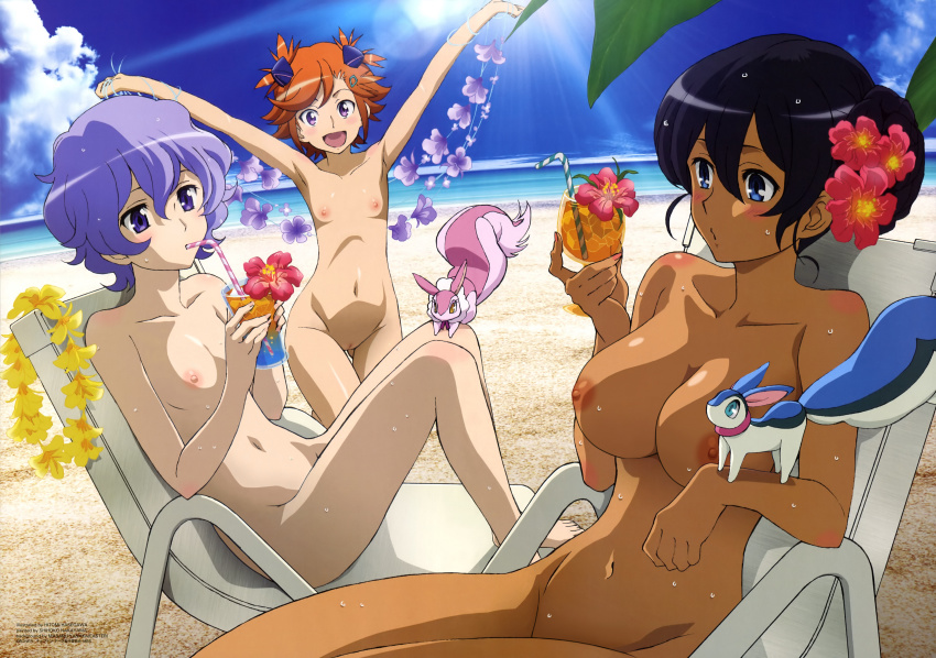 10s 3girls :d absurdres alternate_hairstyle barefoot beach black_hair blue_eyes blush breasts captain_earth chair cleft_of_venus cloud cup dark-skinned_female dark_skin drink drinking drinking_glass drinking_straw female_focus flat_chest flower hair_flower hair_ornament hair_up hasegawa_hitomi highres large_breasts light_purple_hair light_rays lounge_chair multiple_girls mutou_hana navel nipples nude nude_filter nudist o3o open_mouth orange_hair pitz purple_eyes pussy setsuna_(captain_earth) sky small_breasts smile sunbeam sunlight swimsuit third-party_edit uncensored wet yomatsuri_akari