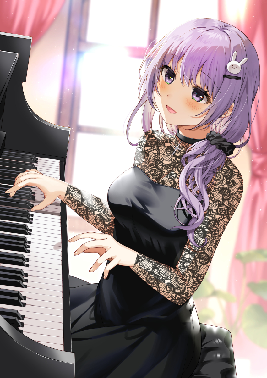 1girl :d absurdres black_choker black_dress blush breasts choker commentary_request commission curtains dress grand_piano hair_ornament hairclip hands_up highres indoors instrument lace long_hair low_side_ponytail medium_breasts music open_mouth original piano piano_bench playing_instrument playing_piano purple_eyes purple_hair rabbit_hair_ornament sitting skeb_commission smile solo window yam_(yamap_mako)