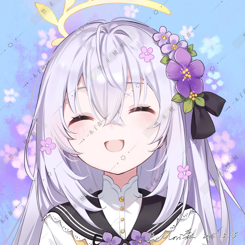 1girl absurdres azusa_(blue_archive) blue_archive closed_eyes crossed_bangs flower hair_flower hair_ornament halo highres long_hair morimori_(14292311) open_mouth shirt solo turtleneck turtleneck_shirt upper_body watermark white_hair white_shirt yellow_halo