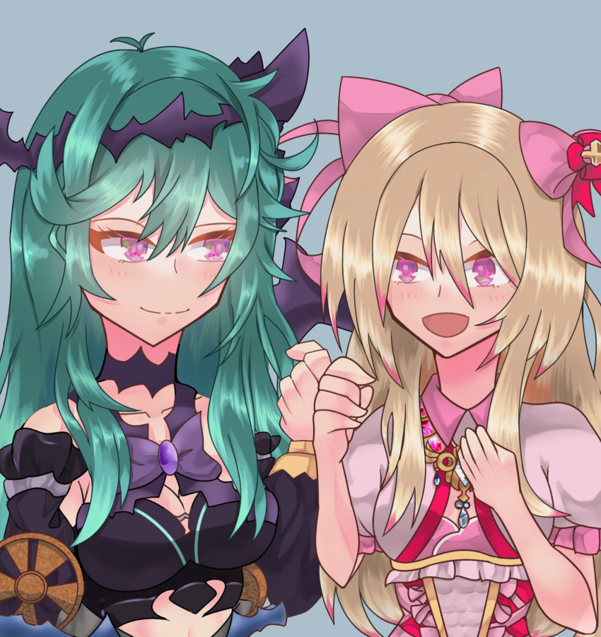 2girls alternate_height aqua_hair blonde_hair blue_background breasts chaos_aurora_(grimms_notes) chaos_marie_(grimms_notes) cleavage_cutout clothing_cutout detached_sleeves fist_bump frills grimms_notes hair_ribbon hairband highres jewelry long_hair midriff multiple_girls open_mouth pendant pink_eyes pink_ribbon purple_hairband purple_ribbon ribbon simple_background smile tamagoinb1024 upper_body