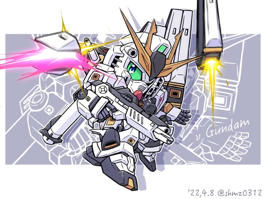 bazooka_(gundam) beam beam_rifle blue_eyes char&#039;s_counterattack character_name chibi colored_sclera commentary dated energy_gun english_text fin_funnels firing full_body funnels_(gundam) green_sclera gundam launching looking_at_viewer mecha mobile_suit no nu_gundam robot sd_gundam shield shokkaa_(shmz61312) thrusters twitter_username v-fin weapon