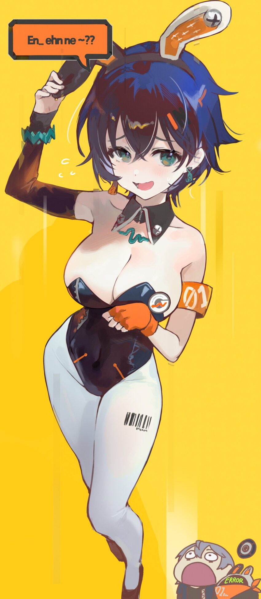 1bitheart 1boy 1girl absurdres alternate_costume animal_ears belle_(zenless_zone_zero) black_leotard blue_hair blush breasts cleavage collarbone earrings english_text fake_animal_ears furrowed_brow hair_between_eyes highres jewelry large_breasts leotard open_mouth playboy_bunny rabbit_ears short_hair sidelocks simple_background smile solo_focus soyoong_jun speech_bubble standing sweatdrop thighs wise_(zenless_zone_zero) zenless_zone_zero