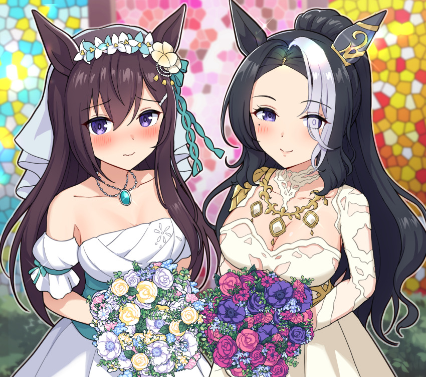 2girls animal_ears black_hair blurry blurry_background blush breasts cleavage closed_mouth collarbone commentary_request dress flower hair_between_eyes hair_ornament highres horse_ears horse_girl jewelry large_breasts long_hair mejiro_dober_(hopes;_prayer)_(umamusume) mejiro_dober_(umamusume) mejiro_ramonu_(umamusume) mejiro_ramonu_(untouchable_eden)_(umamusume) mole mole_under_eye multiple_girls necklace official_alternate_costume purple_eyes smile takiki umamusume wedding_dress