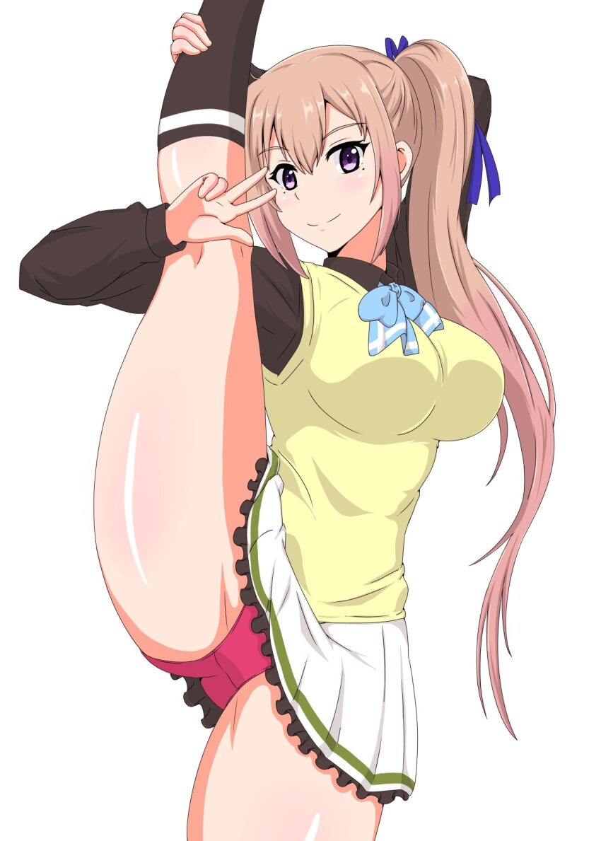 1girl arm_behind_head blonde_hair breasts copyrobot flexible highres kawakami_mai large_breasts leg_grab leg_lift leg_up long_hair looking_at_viewer musaigen_no_phantom_world panties pantyshot purple_eyes school_uniform side_ponytail skirt solo sweater underwear v