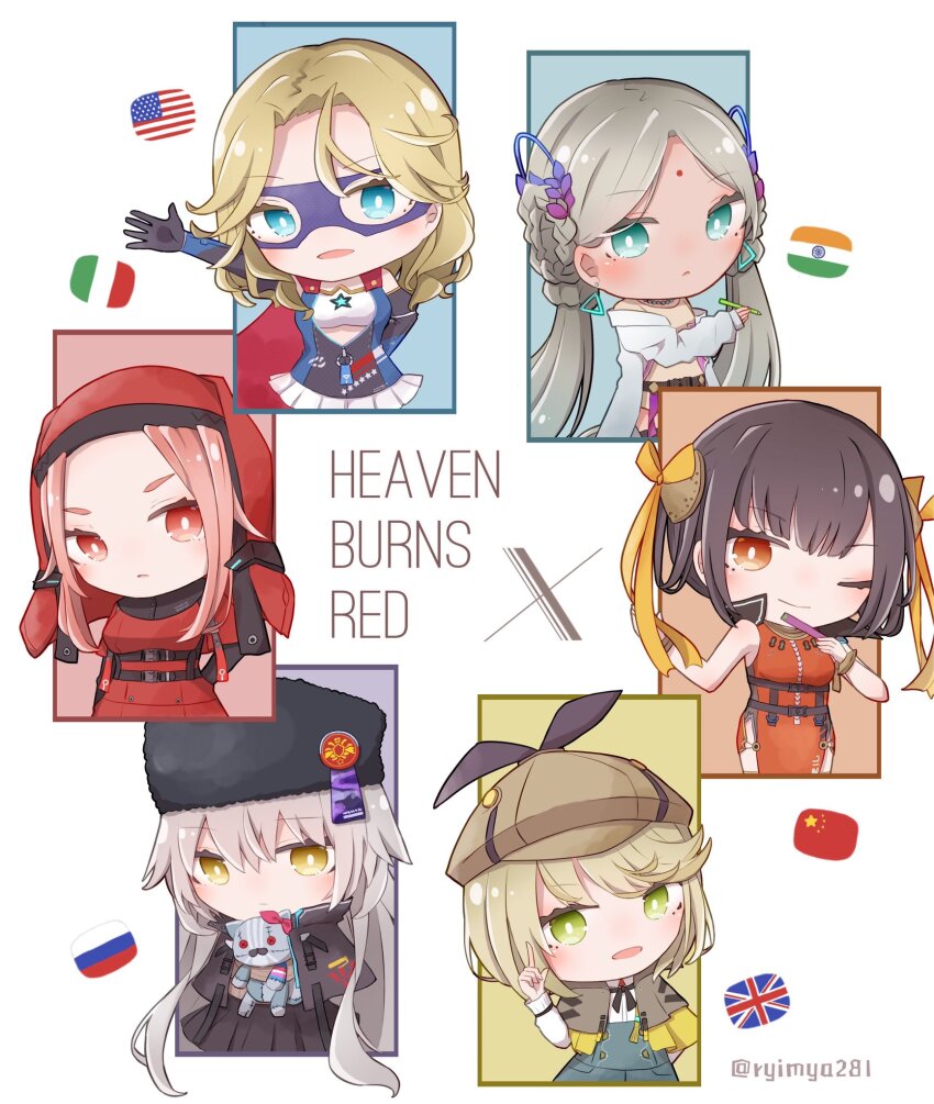 6+girls bindi black_hair blonde_hair blue_eyes breasts brown_capelet capelet carole_reaper charlotta_skopovskaya chest_harness chibi china_dress chinese_clothes coat deerstalker dress earrings flag fur_hat green_eyes grey_hair hair_ornament hair_ribbon harness hat heaven_burns_red highres holding irene_redmayne jewelry large_breasts li_yingxia long_hair maria_de_angelis multiple_girls nun parted_bangs red_eyes red_hair ribbon riimia short_hair stuffed_animal stuffed_cat stuffed_toy team_31x_(heaven_burns_red) triangle_earrings twintails ushanka veil vritika_balakrishnan white_coat yellow_eyes yellow_ribbon