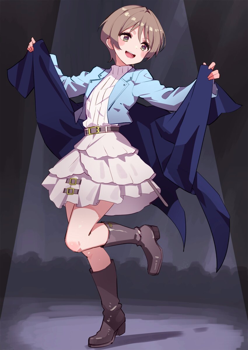 1girl :d absurdres black_boots blue_jacket boots brown_hair commentary_request cream_(nipakupa) full_body grey_eyes harumiya_yukuri high_heel_boots high_heels highres ikizulive!_love_live!_bluebird jacket layered_skirt long_sleeves love_live! miniskirt open_clothes open_jacket open_mouth ribbed_sweater short_hair skirt smile solo standing standing_on_one_leg sweater teeth turtleneck turtleneck_sweater upper_teeth_only white_skirt white_sweater