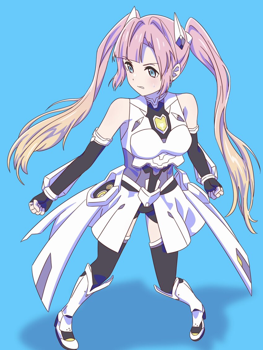 anyoji_hime armored_boots armpit_crease bare_shoulders black_gloves black_thighhighs blonde_hair blue_background blue_eyes blunt_bangs blush boobplate boots breastplate breasts clenched_hand clenched_teeth elbow_gloves fanfare!!!_(love_live!) fingerless_gloves full_body gloves gradient_hair hair_intakes headpiece high_heel_boots high_heels highres legs_apart link!_like!_love_live! long_hair looking_to_the_side love_live! medium_breasts multicolored_hair myrain56991013 official_alternate_costume pink_hair sidelocks simple_background sleeveless standing sweatdrop swept_bangs teeth thighhighs turning_head twintails very_long_hair virtual_youtuber white_boots